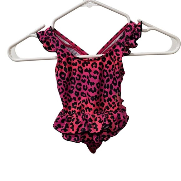 Baby Girls Pink Leopard Ruffle Swimsuit 12M By Betsey Johnson - Picture 1 of 5